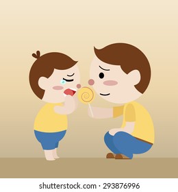 father give lollipop to his son cartoon vector