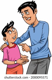 Father gives advice to his son. Cartoon on the white background