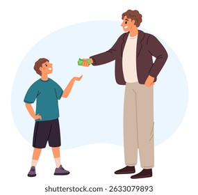 Father gives cash to son for pocket money. Financial literacy. Kids earnings and savings. Happy boy receives cash banknotes. Parent supports child. Family parenting. Dad paying to teen. Vector concept