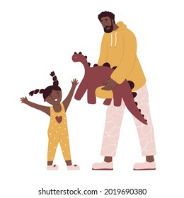 Father gives his daughter a toy dinosaur. Kid happiness. Flat style in vector illustration. Family day, child education, single father, black skin people. Isolated on white background.