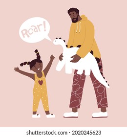 Father gives his daughter a toy dinosaur. Kid happiness. Flat style in vector illustration. Family day, child education, single father, black skin people. Isolated on white background. Quote roar.