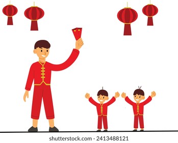 A father gives red envelopes or "Angpao" to his twin children, dressed in traditional red Chinese clothes, Vector