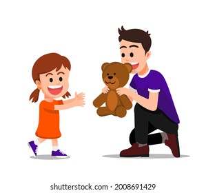 a father gives a teddy bear to his daughter