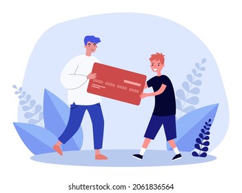 Father giving credit card to son. Tiny man and boy holding card together flat vector illustration. Family budget, financial education, savings concept for banner, website design or landing web page