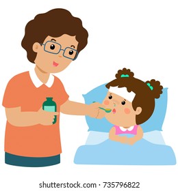 Father Giving Daughter Medicine Vector Illustration.
Sick Little Girl In Bed Taking Medicine With Spoon.