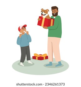 Father giving dog to son as present. Male character sitting and holding animal with long ears, happy child. Flat vector illustration isolated on white background