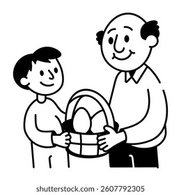 A father giving easter gift to his son, doodle icon 
