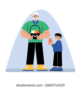 A father giving easter surprise to his son, flat illustration 