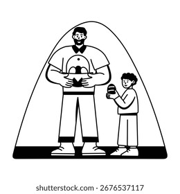 A father giving easter surprise to his son, glyph illustration 