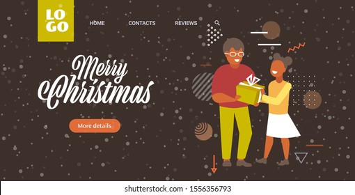 father giving gift present box to daughter merry christmas happy new year winter holidays celebration concept greeting card horizontal full length vector illustration