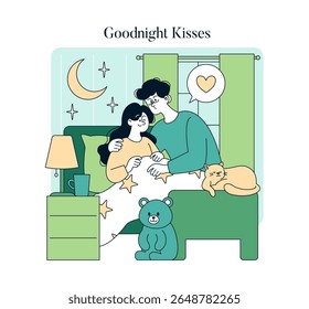 Pai dando beijo de boa noite para a filha em uma cena de quarto acolhedor com gato adormecido e urso de pelúcia, sob uma janela estrelada.