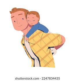 Father giving his baby piggyback ride. Little son sleeping on fathers back cartoon vector illustration