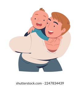 Father giving his baby piggyback ride. Happy fatherhood cartoon vector illustration