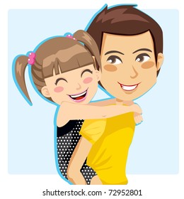 Father giving his little girl piggyback ride smiling. Father's day postcard