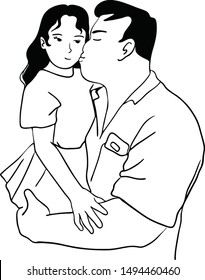 The father is giving a kiss to her sweet daughter while carrying her in his arms. 