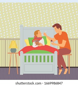Father giving medicine to son vector, child laying in bed cuddling plush bear and wearing scarf, sore throat and cough sickness of person, treatment, concept for Father day