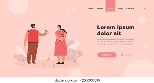 Father giving milk bottle for baby to mother. Female character holding child, man helping wife flat vector illustration. Family, parenting concept for banner, website design or landing web page
