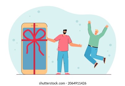 Father giving mobile phone present to happy son. Tiny excited boy jumping for joy flat vector illustration. Birthday gift, surprise, family care concept for banner, website design, landing page