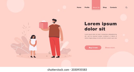 Father giving present to daughter. Happy man with box, gift for child flat vector illustration. Birthday, family, parenting, celebration concept for banner, website design or landing web page