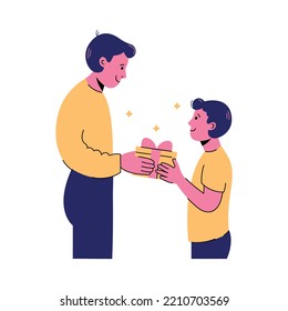 Father giving present to his cheerful son. Flat vector illustration with outline strokes on white background. Gift giving or holiday celebration.