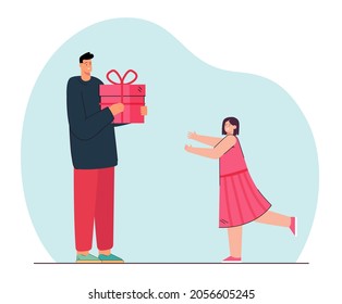 Father giving present to his daughter who stretching her hands. Family holiday event, birthday celabrating flat vector illustration. Family, celebration concept for banner, landing page