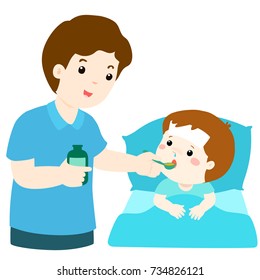 Father Giving Son Medicine Vector Illustration
Sick Little Boy In Bed Taking Medicine With Spoon.