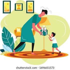 A father giving son a present.