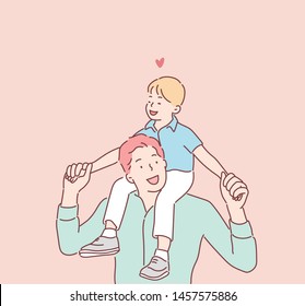 Father giving son ride on back in park. Portrait of happy father giving son piggyback ride on his shoulders and looking up. Hand drawn style vector design illustrations.