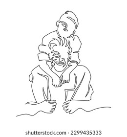 Father giving son ride on back. Portrait of happy father giving son piggyback ride on his shoulders. Cute boy with dad in vector illustration continuous line.