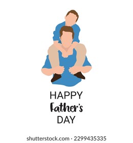 Father giving son ride on back. Portrait of happy father giving son piggyback ride on his shoulders. Cute boy with dad in vector illustration.