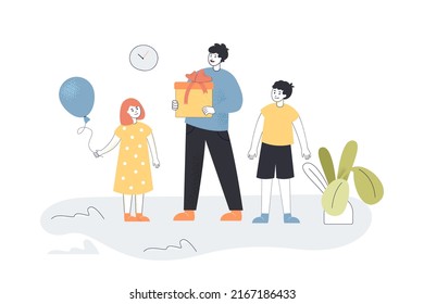 Father giving surprise birthday gift to daughter with balloon. Man holding present box with ribbon flat vector illustration. Happy family, party concept for banner, website design or landing web page