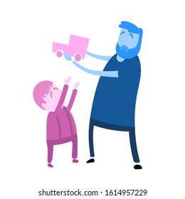 Father giving toy car to his son. Cartoon design icon. Flat vector illustration. Isolated on white background.