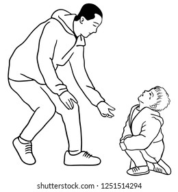 The father is going to help his son that feel so much pain on his knee and crying.