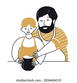 A father or grandfather and a boy create a clay vase. pottery workshop