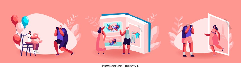 Father, Grandfather Character Take Picture Of Child, Man Shoot Girl With Teddy Bear On Camera. Women Look Photo Album To Remember Children Grow, Baby Photo Session. Cartoon People Vector Illustration