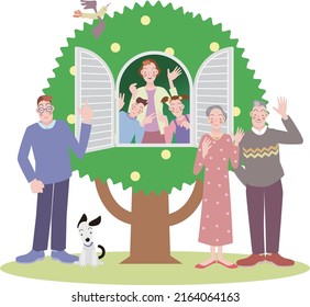 A Father, Grandfather And Grandmother Stand Waving In Front Of A Mother And Child Smiling And Greeting Each Other Through The Window Of A Large, Bright Green Tree.vector Illustration
