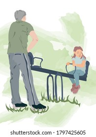 Father in gray pants, green shoes and t-shirt playing with his daughter. Watercolor style. Vector