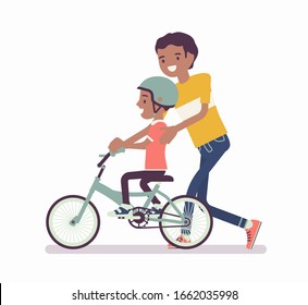 Father guiding son riding safely a bicycle. Boy learning to ride a first pedal bike, beginning rider training stability for cycling with dad support and help. Vector flat style cartoon illustration
