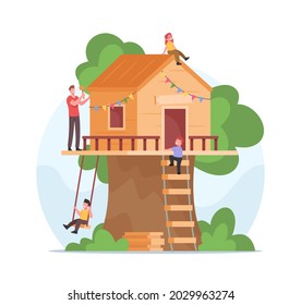 Father With Hammer Build Treehouse For Happy Kids. Family Spend Time All Together. Joyful Children Characters Playing At Wooden House On Tree, Having Outdoor Fun. Cartoon People Vector Illustration