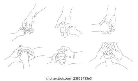 Father hand and baby hand, small hands of baby lying in father hand, baby holding dad hand