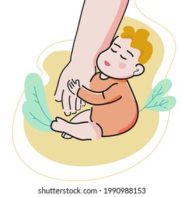 
father hand and child sleep while hugging dad hand. Father day vector illustration concept