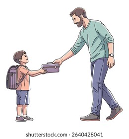 Father hand a lunchbox to his son before he goes to school, vector illustration