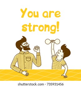 Father with hand trainer and son with dumbbell