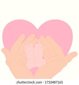 father hands is holding new born baby feet with the pink heart. father’s  day concept. love and trust concept. illustration vector.