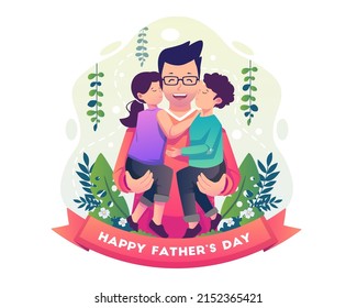 Father happily holds his children. Son and daughter hug and kiss their happy father's cheeks from both sides. Happy Father's Day Greeting. Flat style vector illustration