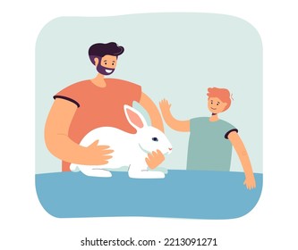 Father and happy son adopting white rabbit. Man holding cute domestic animal flat vector illustration. Love to animals, adoption, family concept for banner, website design or landing web page