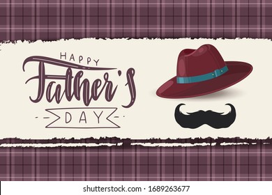 Father hat. Fathers day symbol greeting card with typography design. Hat and black mustache with plaid pattern vector template