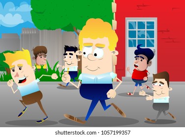 Father having game of tag with children in the park. Vector cartoon character illustration.