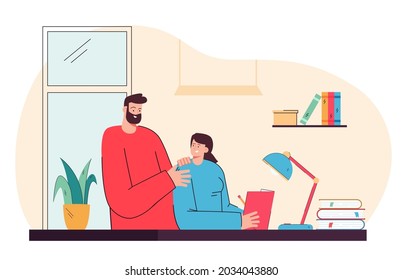 Father helping daughter with her homework. Flat vector illustration. Dad teaching child at home, answering questions, reading book with girl, sitting at desk. Family, help, education, learning concept