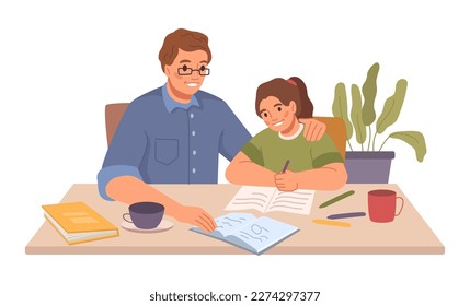 Father helping daughter with homework assignments from school. Dad checking writing, girl solving problems. Parenting and assistance. Flat cartoon, vector illustration